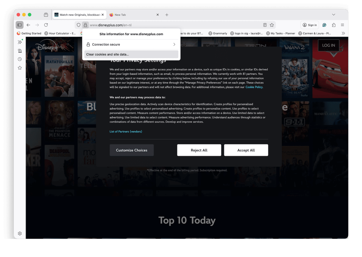 Click the padlock in the address bar on hulu.com > Clear cookies and site data