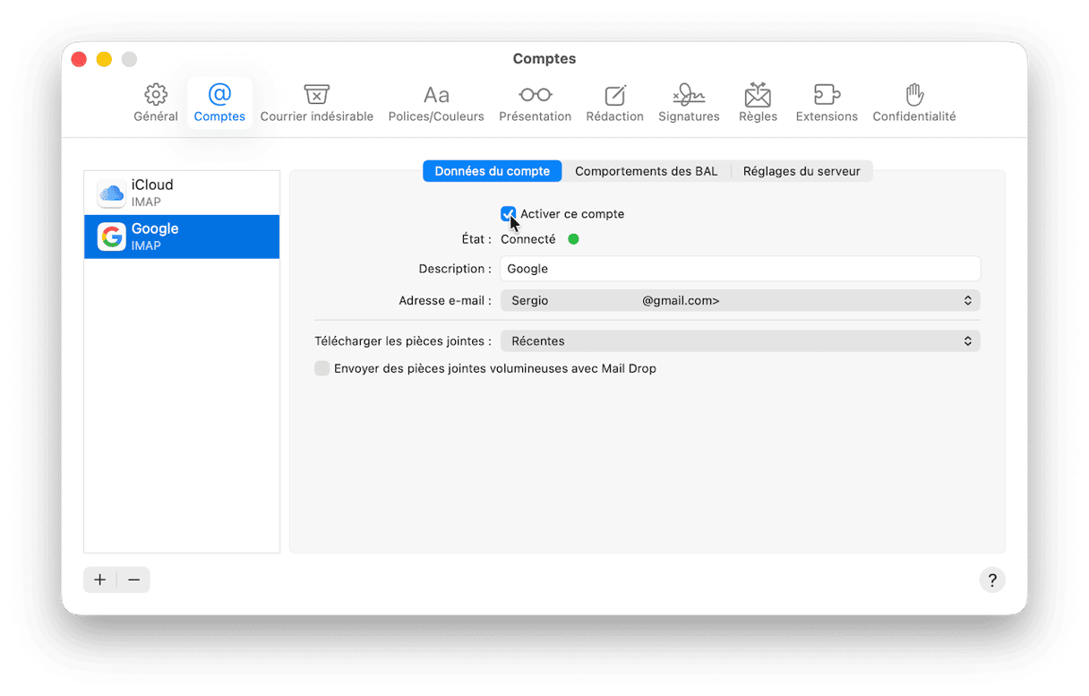 Cliquez sur votre compte Gmail et cochez la case Activer ce compte