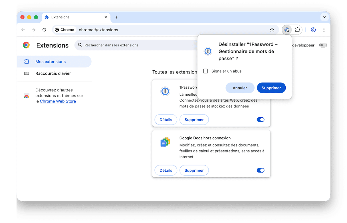 Ouvrez Chrome et tapez dans la barre d'adresse :chrome://extensions puis appuyez sur Entr&eacute;e