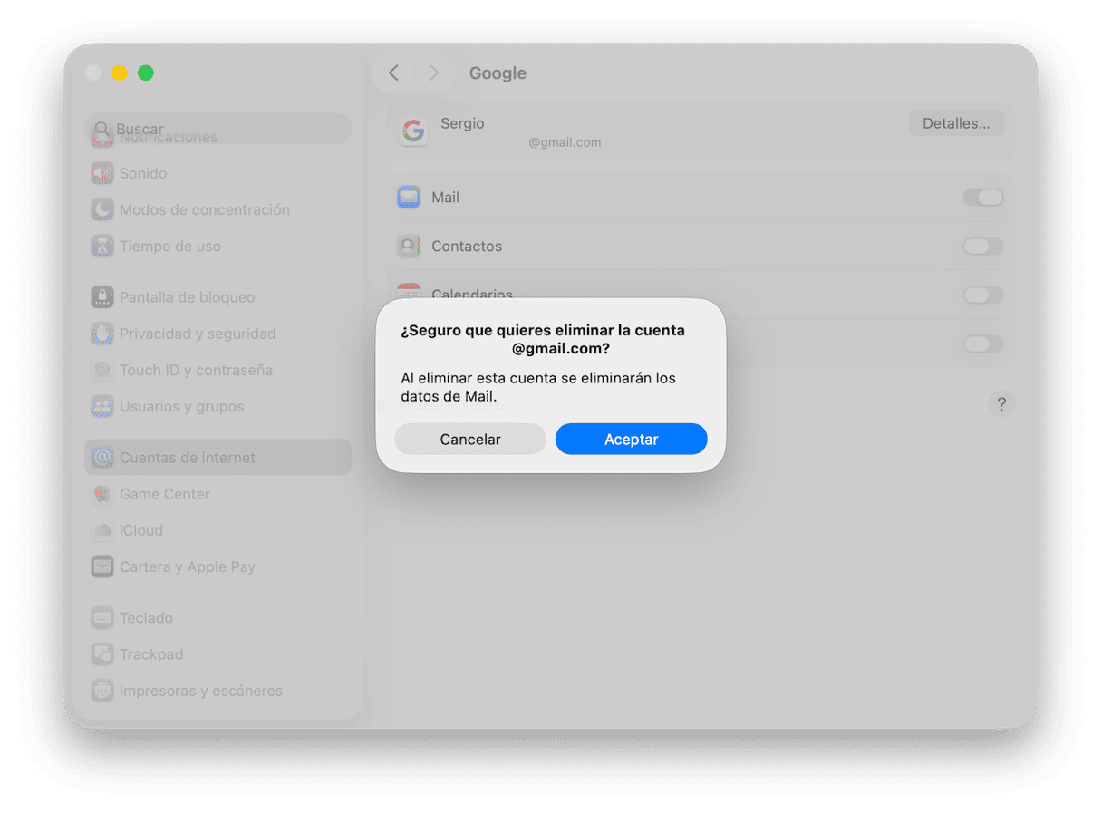 Selecciona tu cuenta de Gmail y haz clic en Eliminar cuenta