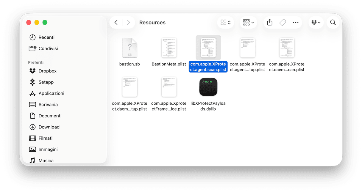 In Contents > Resources, troverai i file .plist di XProtect, che indicano che cosa controlla