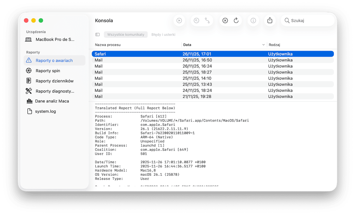 Poszukaj raport&oacute;w o awariach