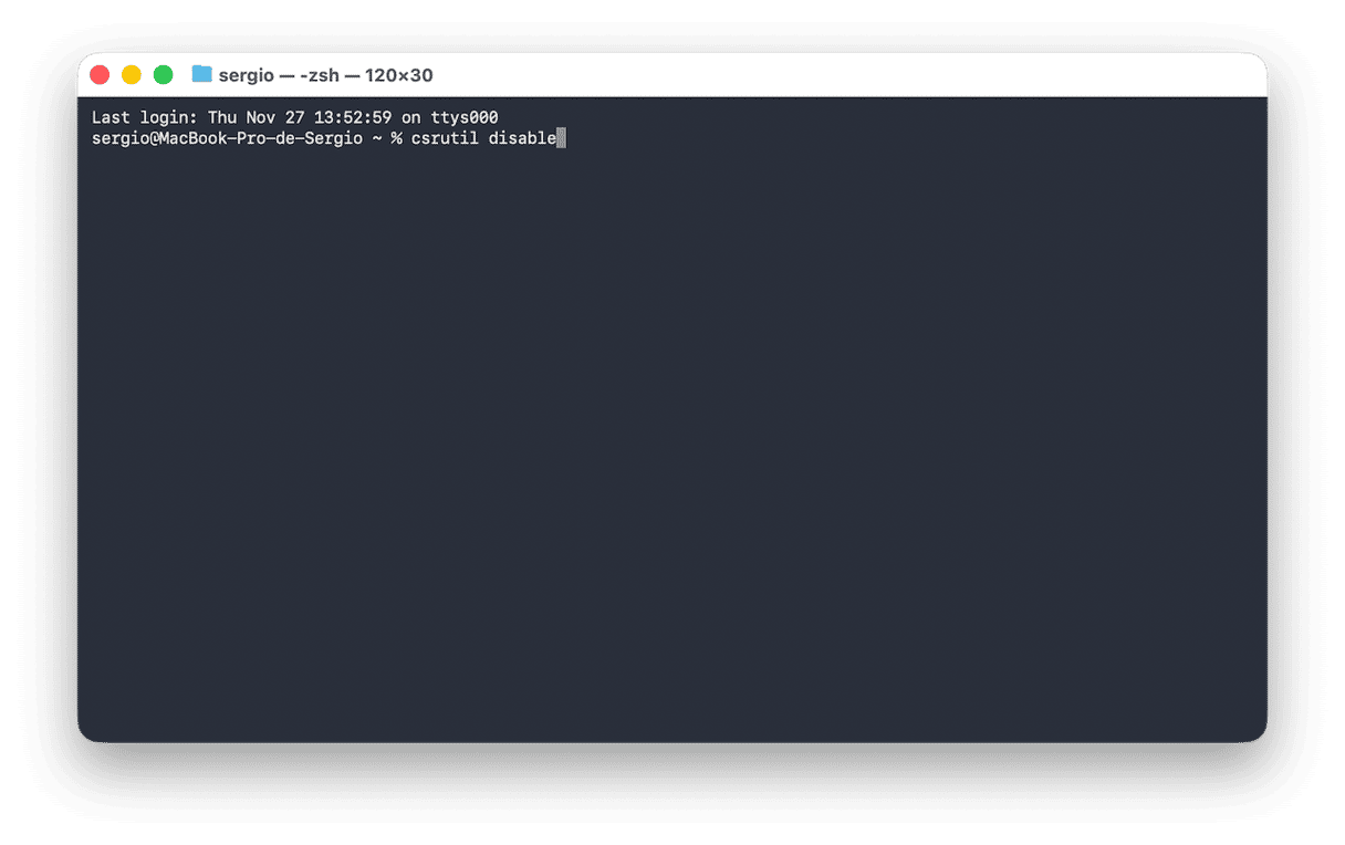 복구 모드로 부팅한 후 상단 메뉴에서 유틸리티 > 터미널을 여세요