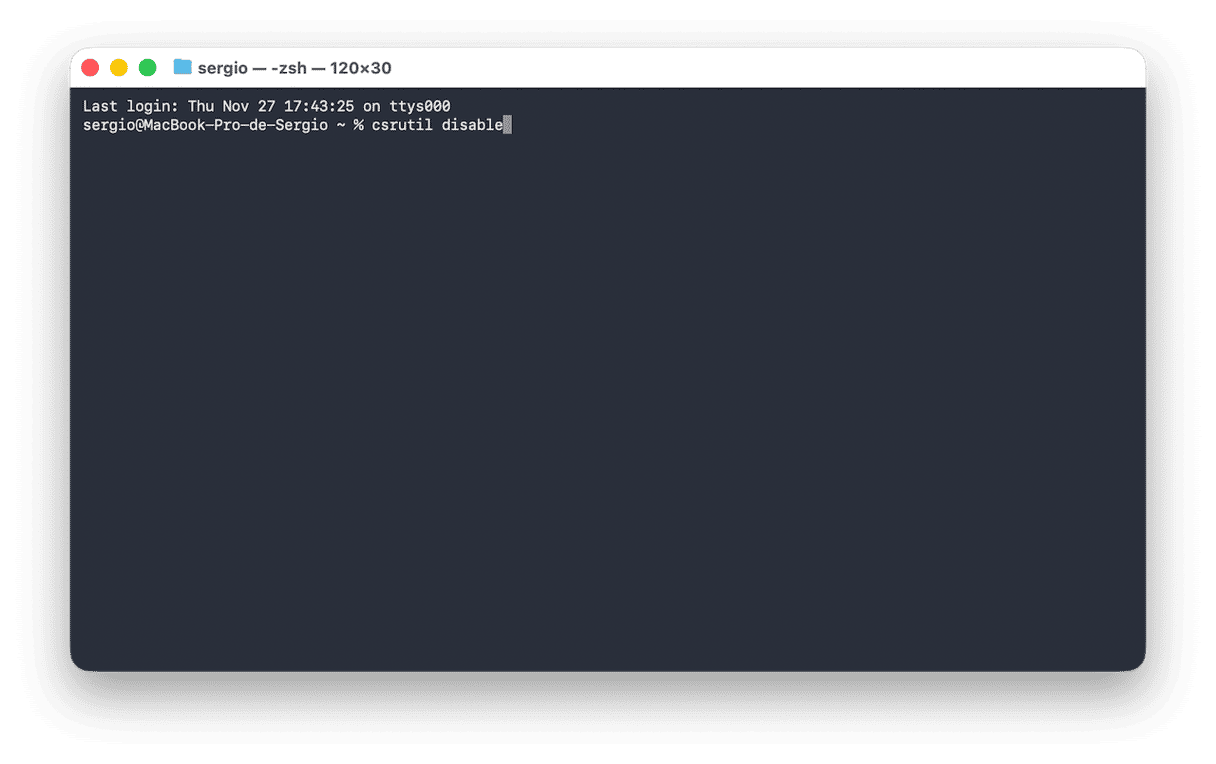 Quando o Mac reiniciar, clique no menu na parte superior da tela e escolha Terminal