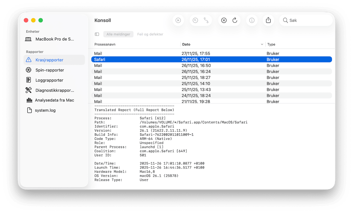 Se etter krasjrapporter