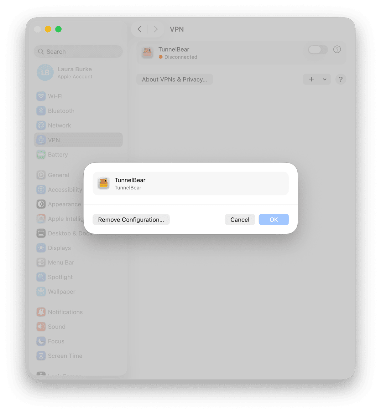 Remove the VPN configuration in System Settings