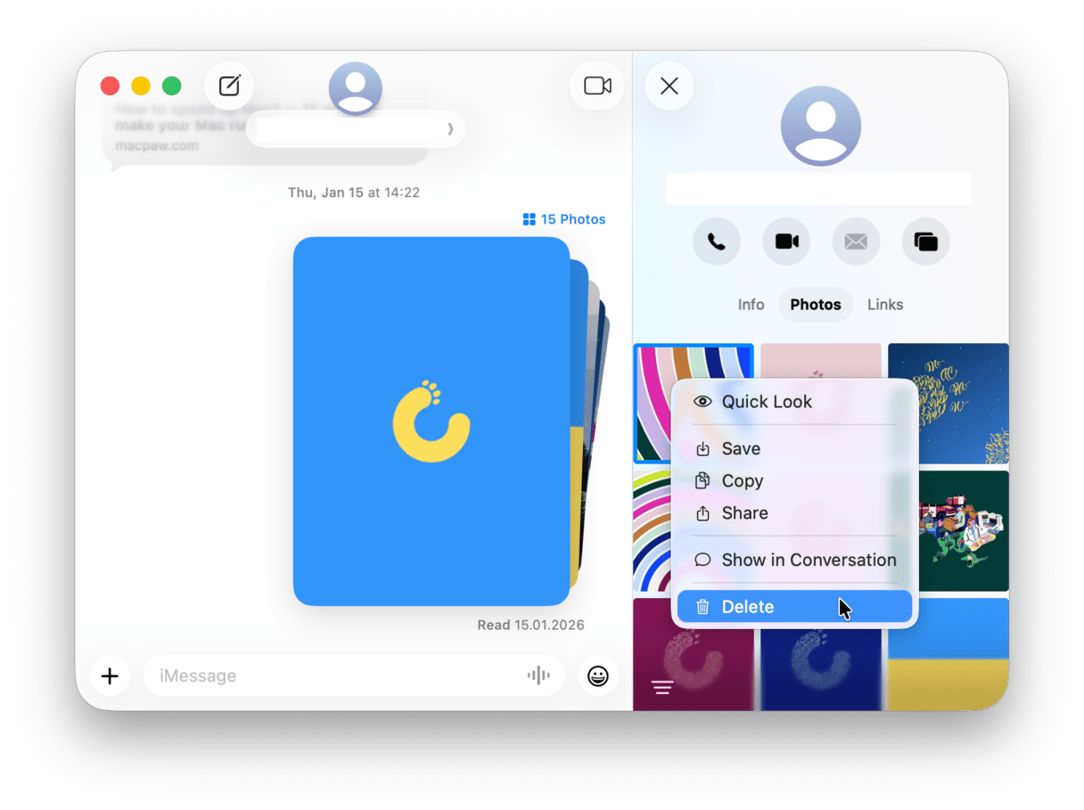 Open Messages and choose the conversation whose attachments you want to delete