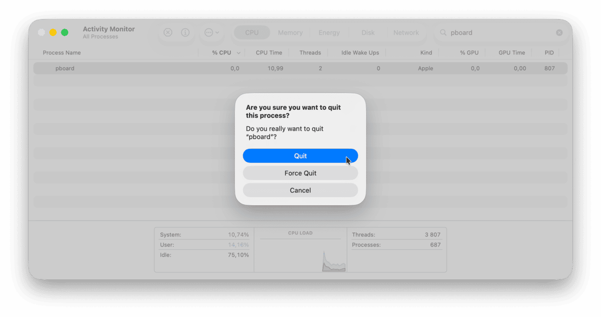 Restart pboard server using Activity Monitor