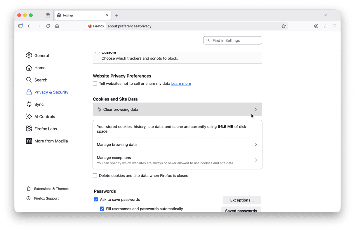 remove cache in Firefox in macOS Tahoe