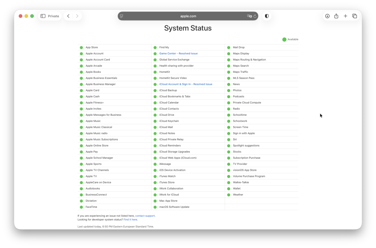 Apple System Status page