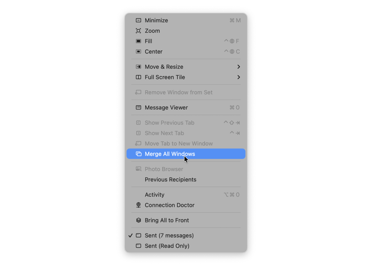 merge all windows in Mac Mail app