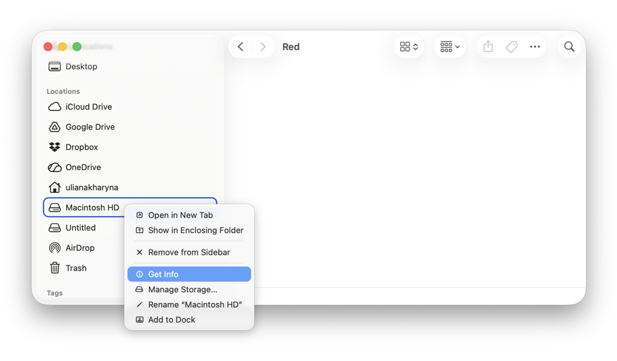 How to check storage via Finder