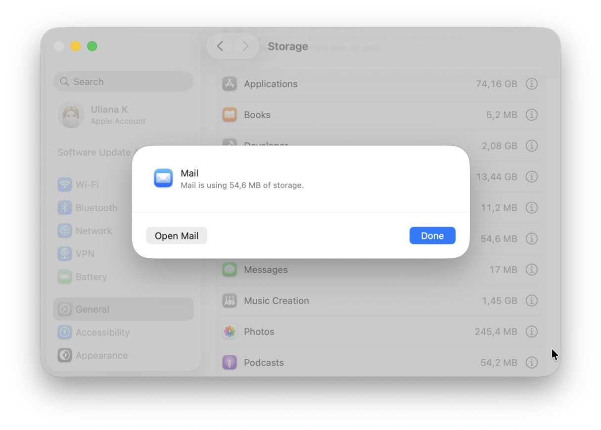 Check storage occupied by Mail