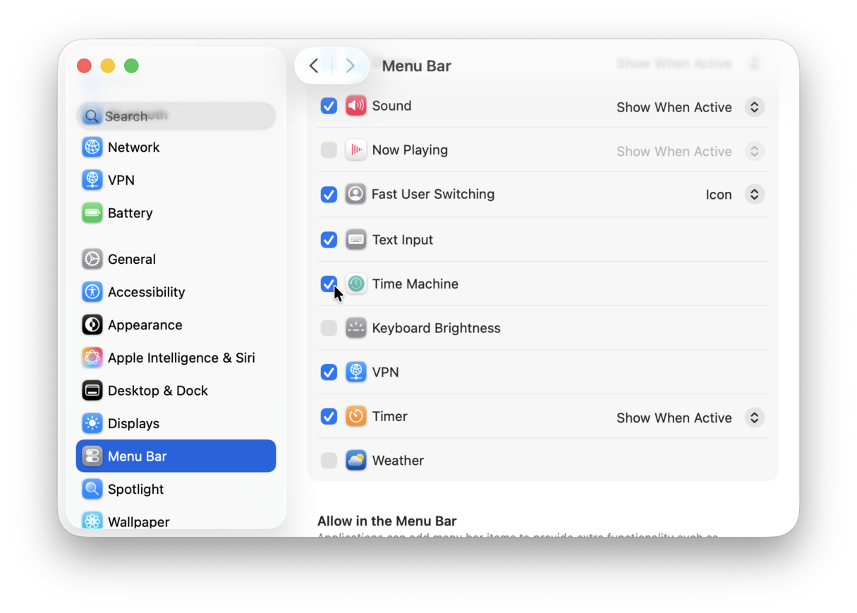 Time Machine Settings