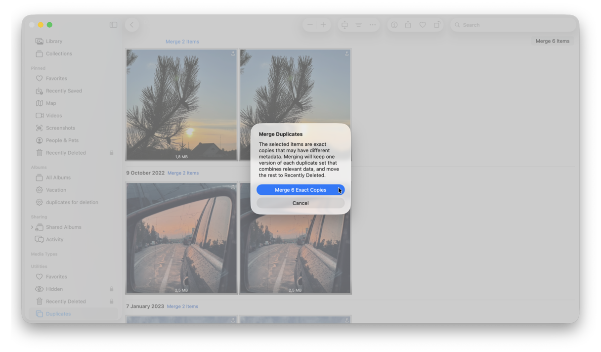 how to merge all duplicate photos on Mac at once