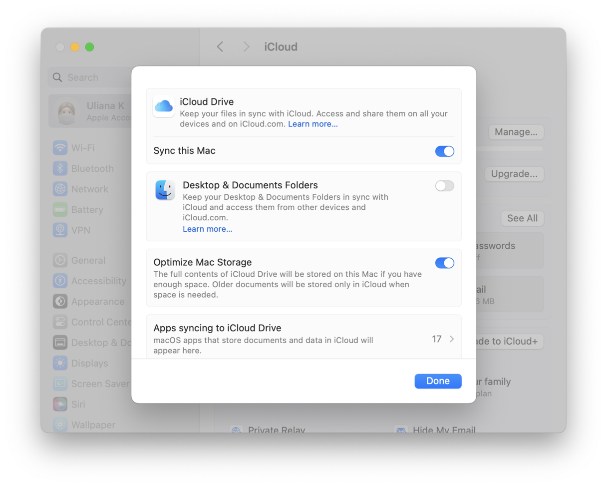 iCloud Settings on Mac