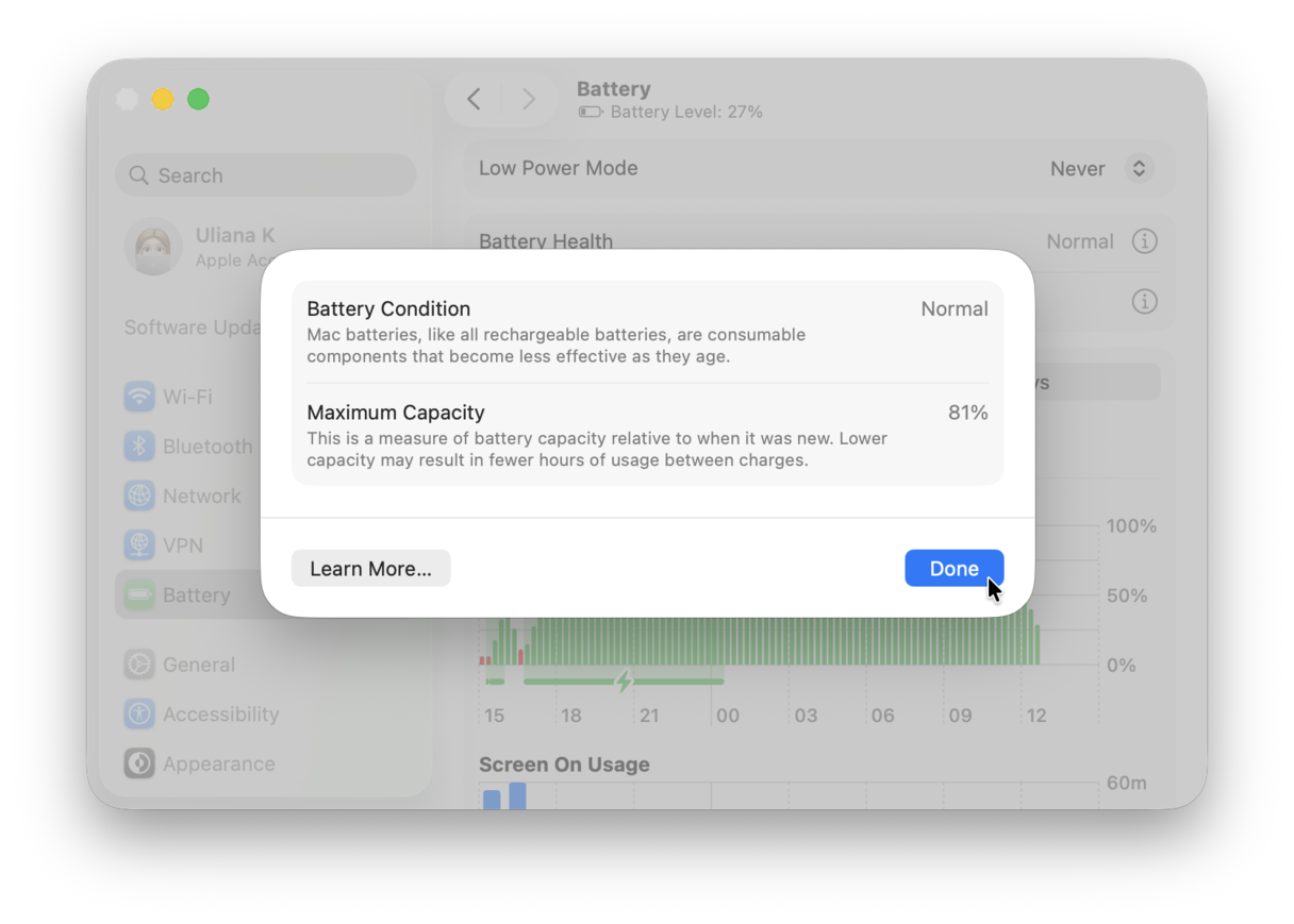 Battery Health in System Settings