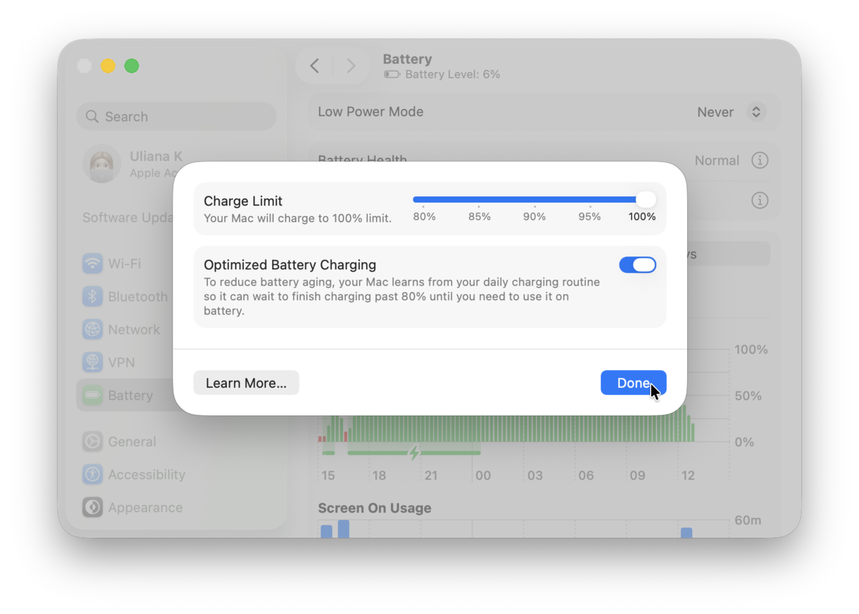 Charging options in Battery Settings