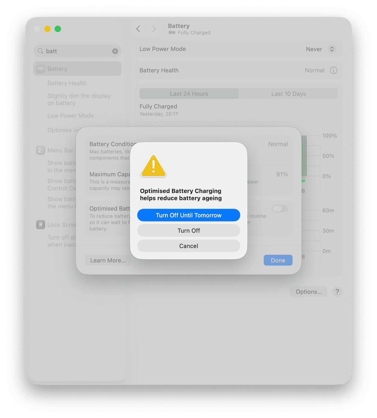 macOS Optimised Battery Charging alert dialog with options to Turn Off Until Tomorrow, Turn Off, or Cancel to reduce battery ageing
