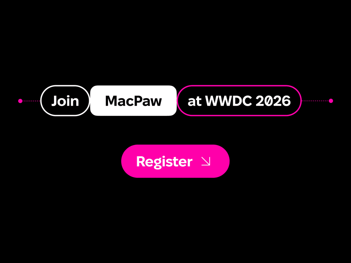 Join MacPaw at WWDC 2026 registration banner with pink call-to-action button