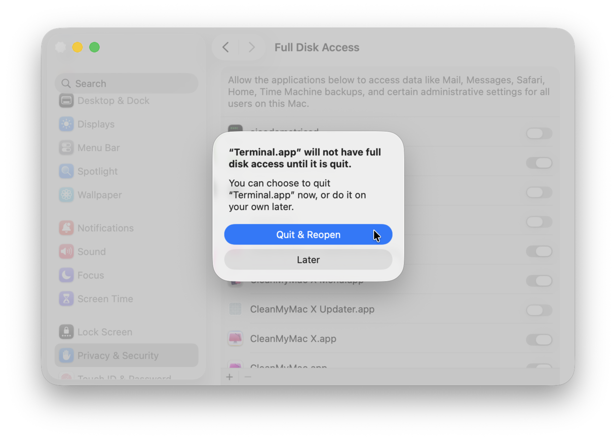 How to grant Full Disk Access permission to Terminal