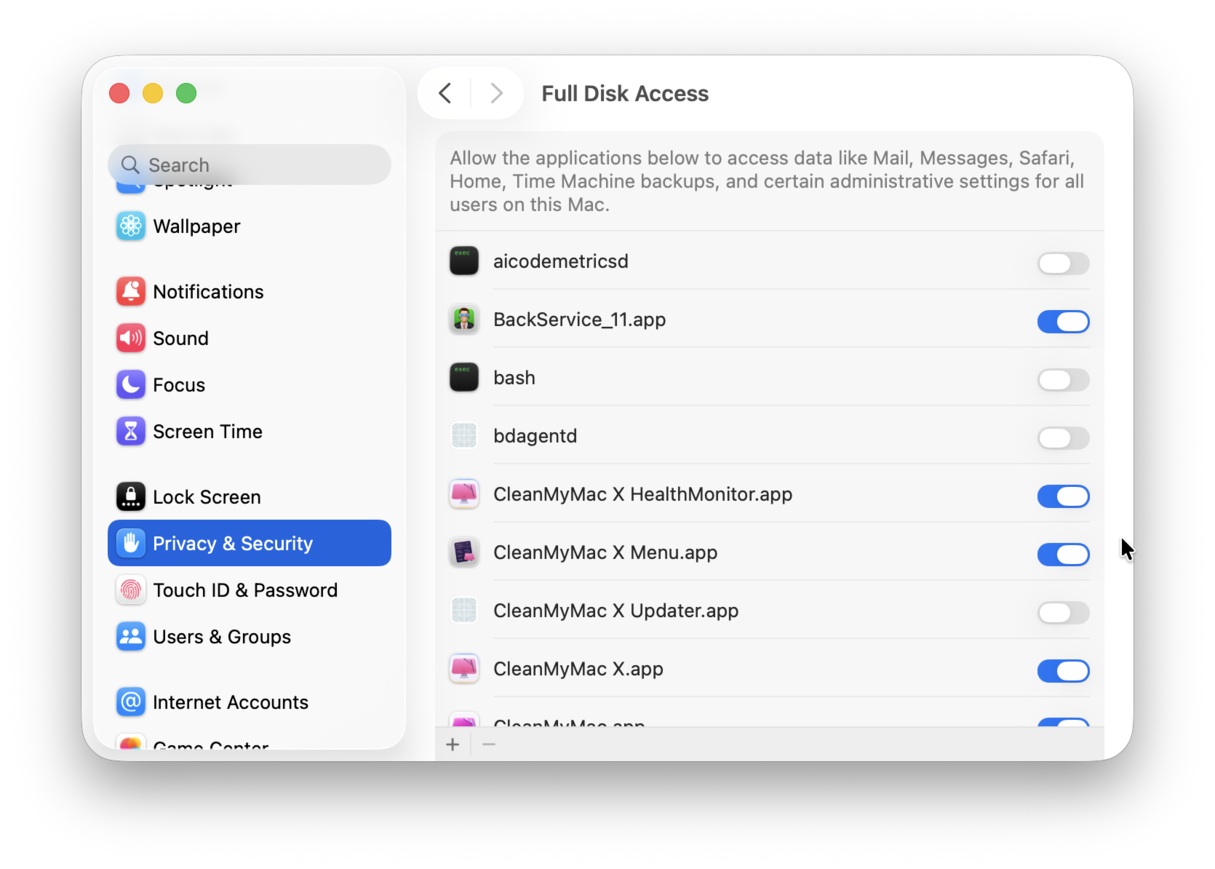 Full Disk Access permissions on Mac