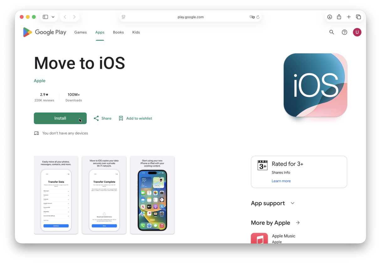 Screenshot: To switch from Android to iOS, get the Move to iOS app