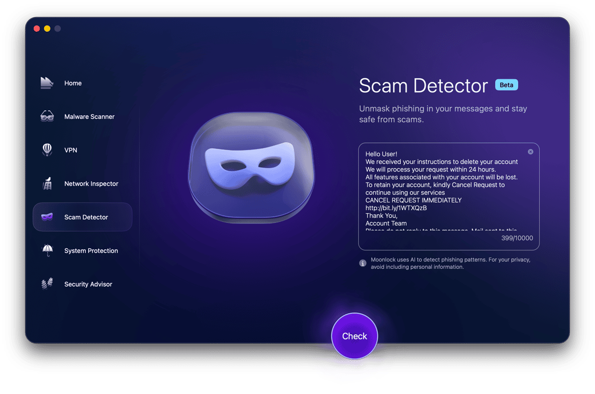 Moonlock Scam Detector on Mac with a suspicious phishing email pasted into the text field ready to be analyzed