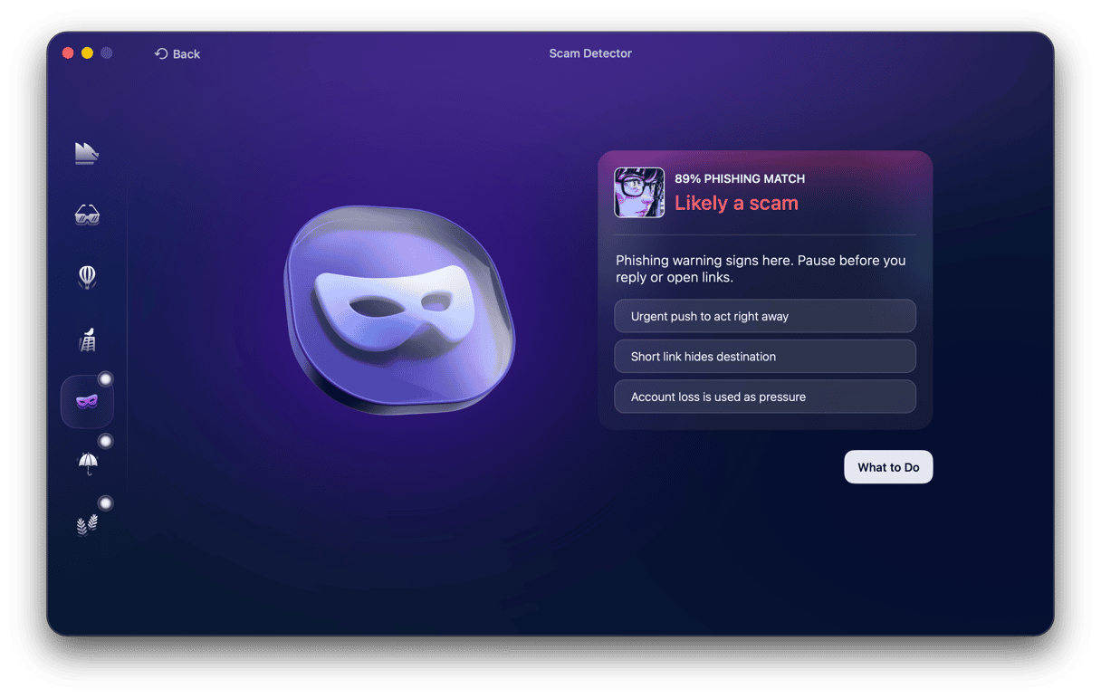 Moonlock Scam Detector showing 89% phishing match warning with 