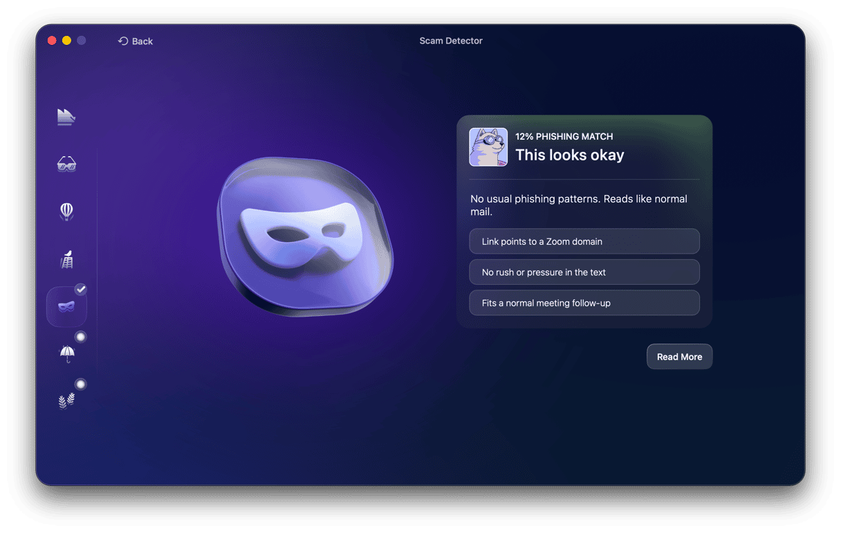 Moonlock Scam Detector displaying 12% phishing match with 