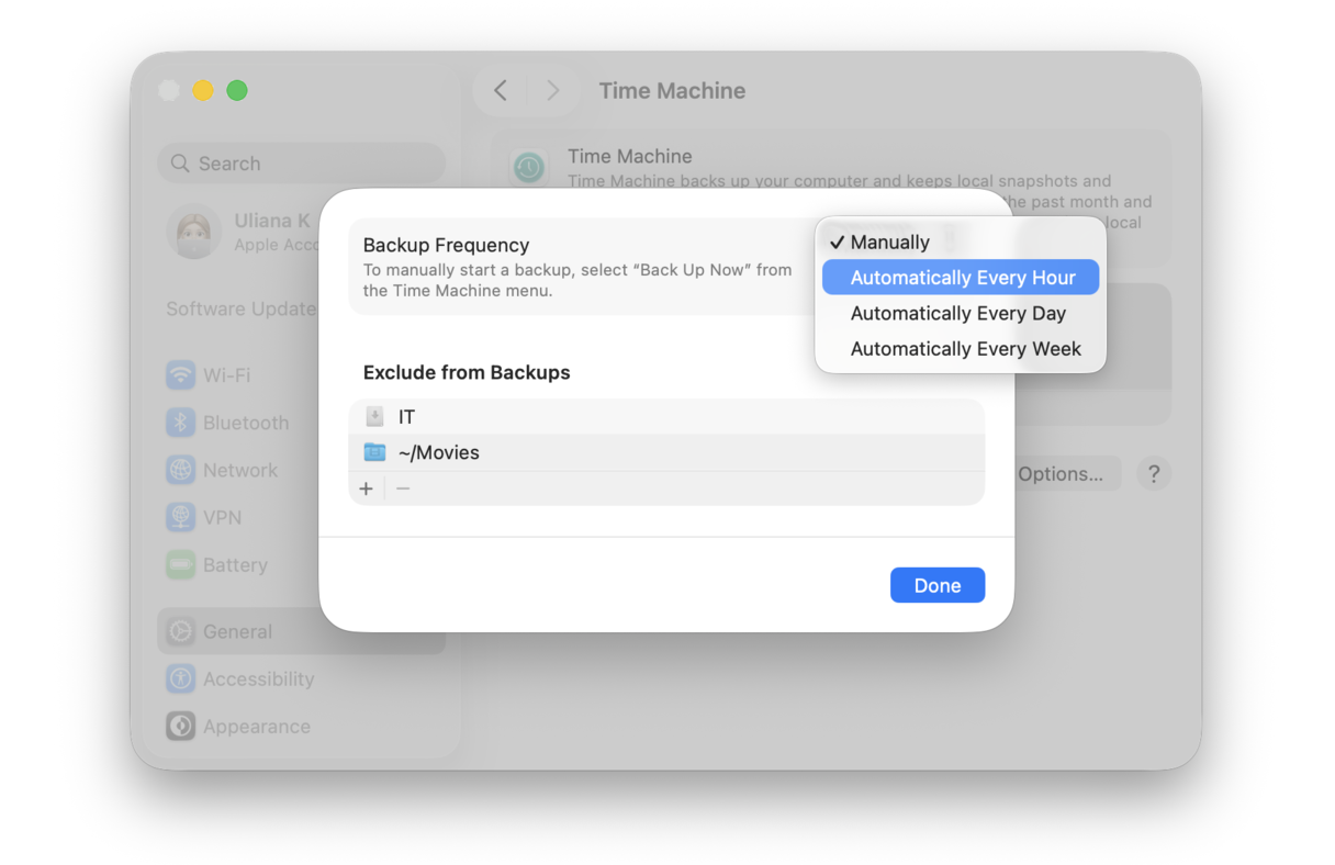 How to set Time Machine backup frequency