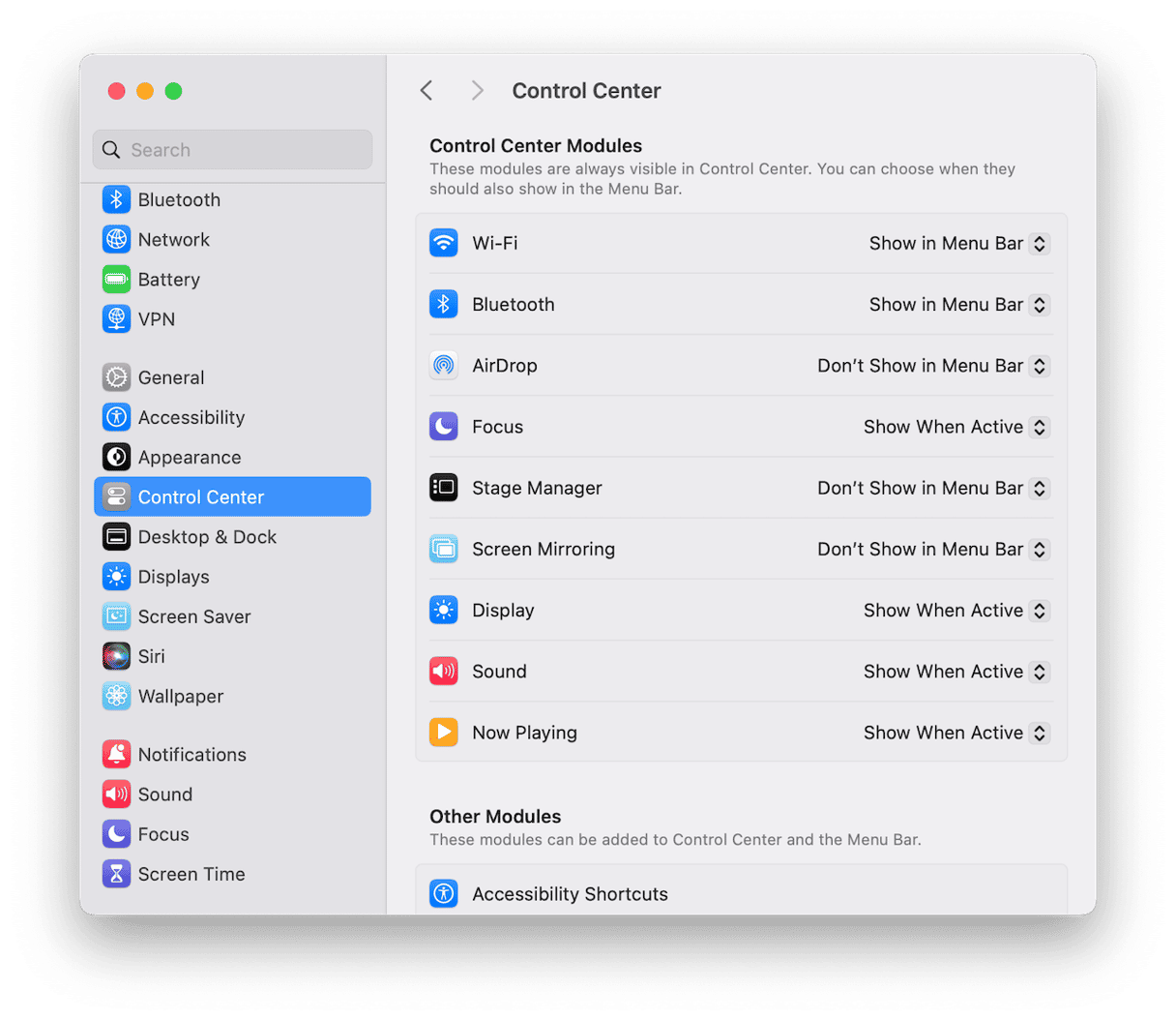 Control Center in System Settings