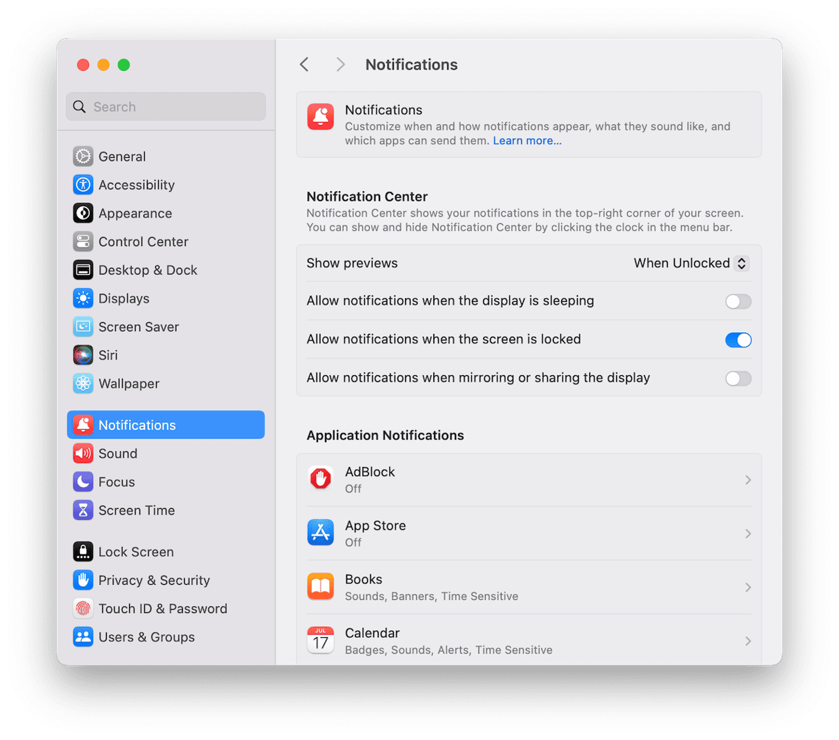 Notifications in System Settings