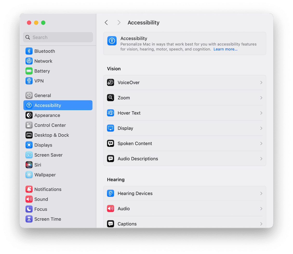 Accessibility section in System Settings