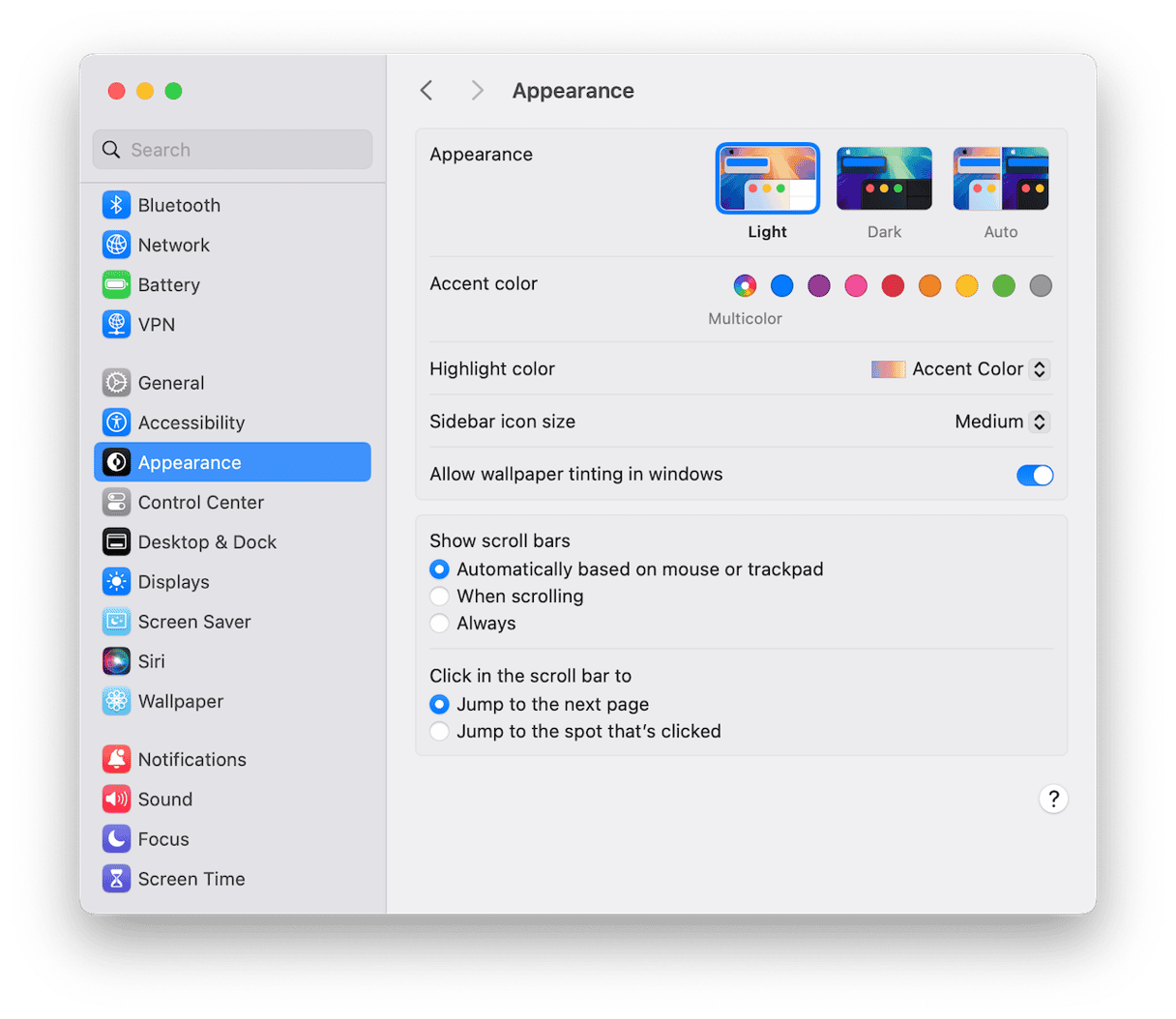 Appearance section in System Settings