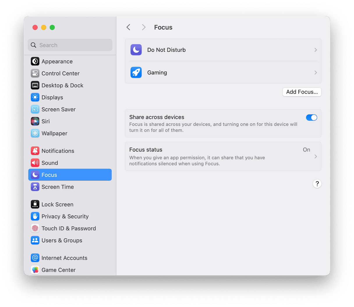 Focus section of System Settings