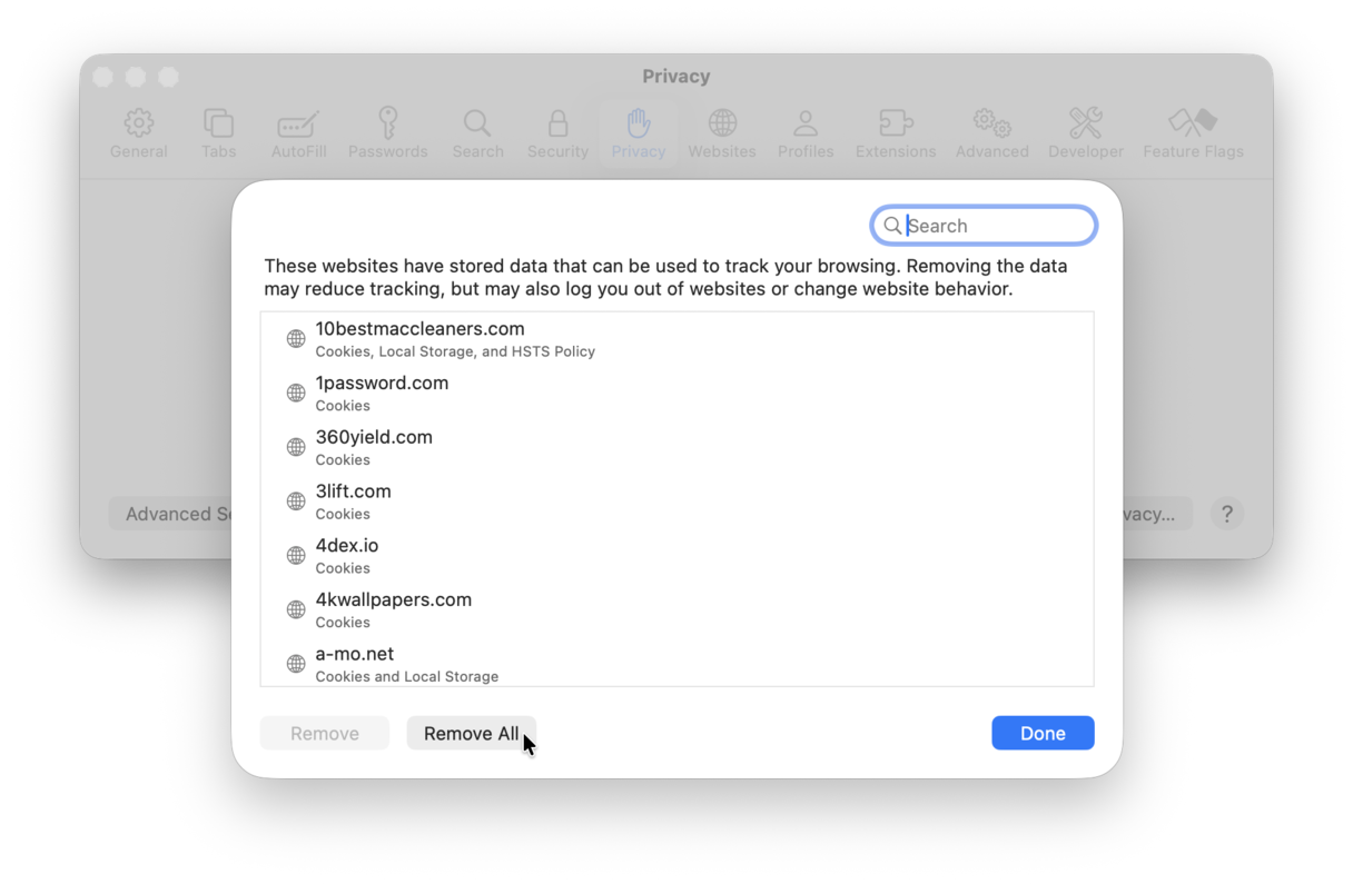 In Safari, click on the Safari menu and choose Settings, then the Privacy tab