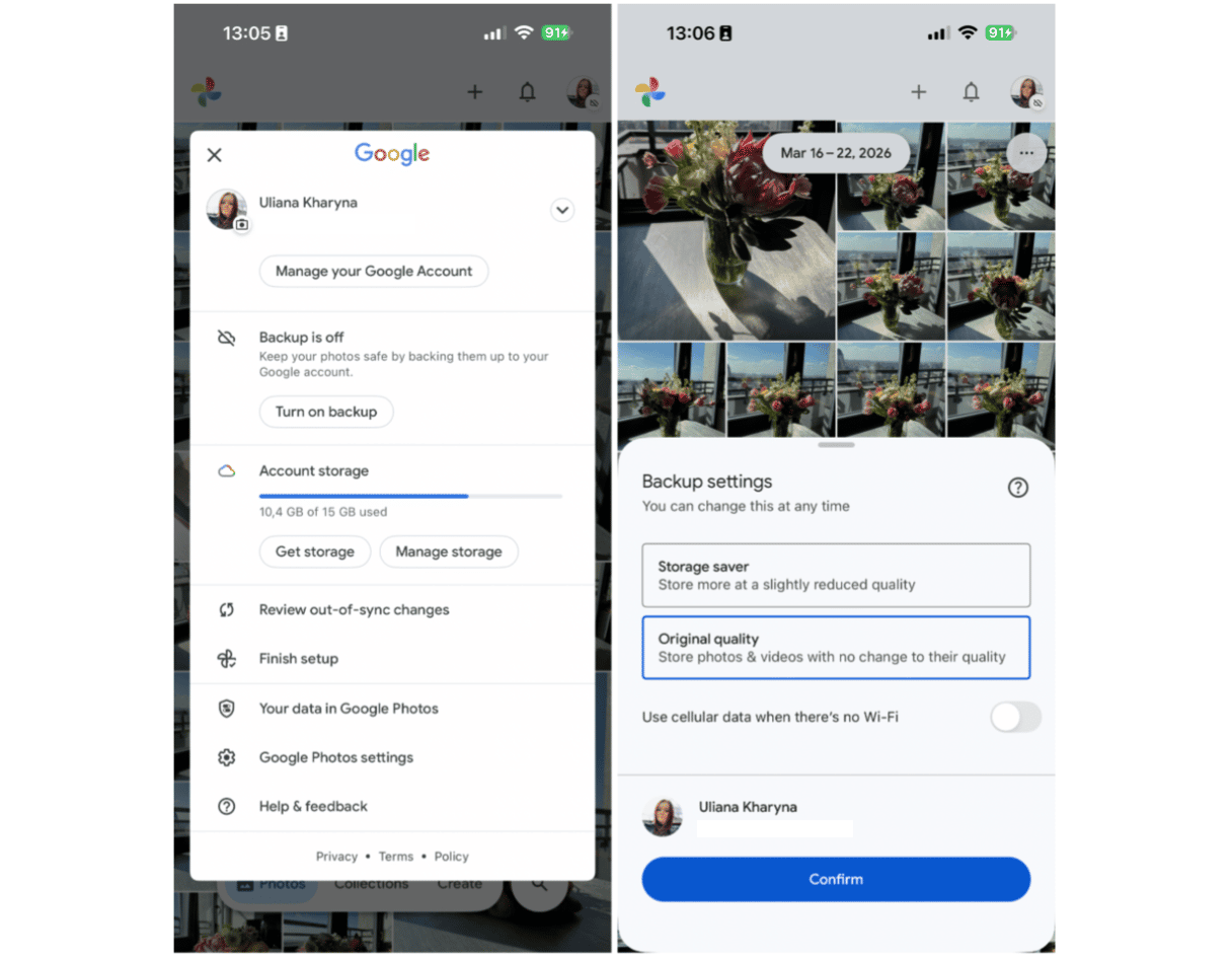 Turning automatic back up for photos in Google Photos