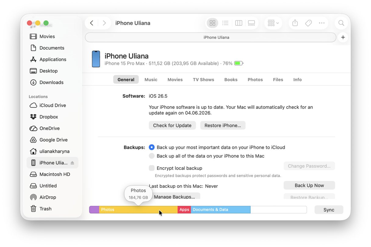 How to check iPhone storage via the Finder