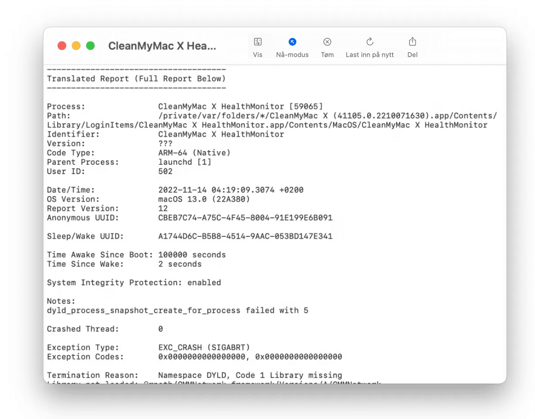 Du vil se navnet p&aring; programmet eller den spesifikke prosessen som er ansvarlig for krasjet