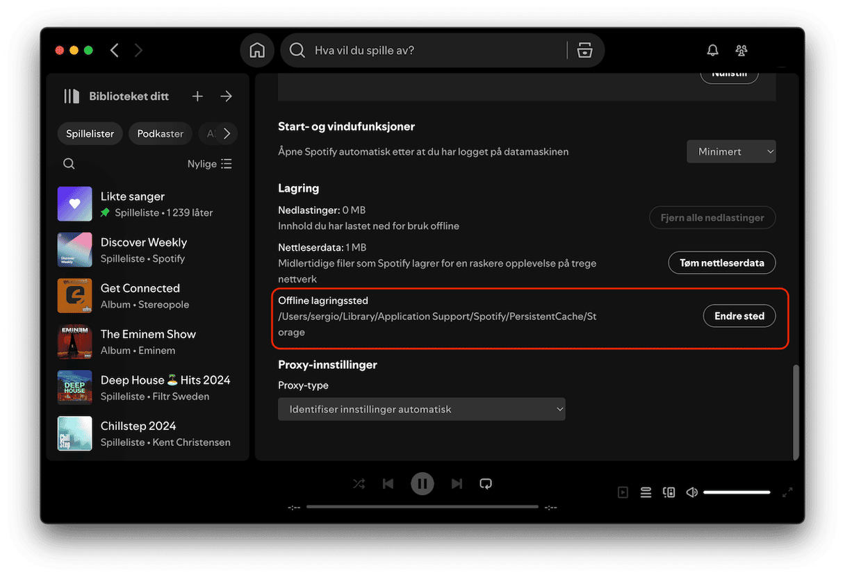 Se hvor Spotify lagrer hurtigbuffer i delen "Offline lagring av sanger"