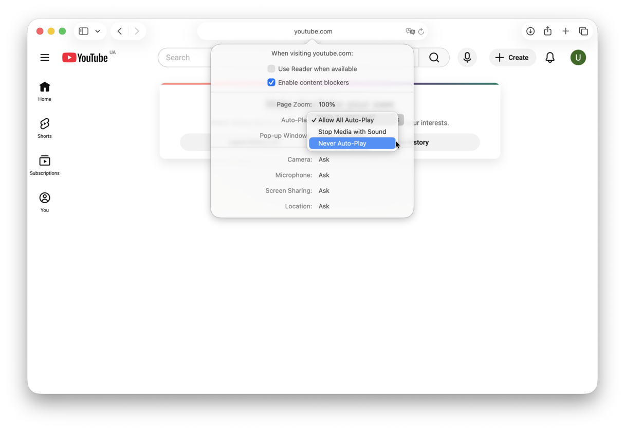 How to stop videos playing automatically on a specific site in Safari