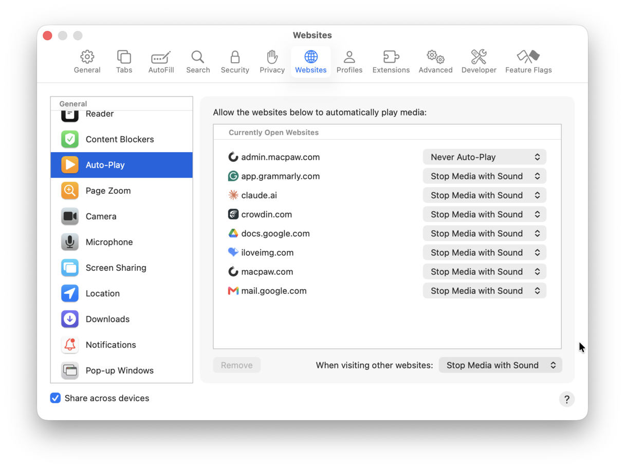 How to stop videos playing on all websites in Safari