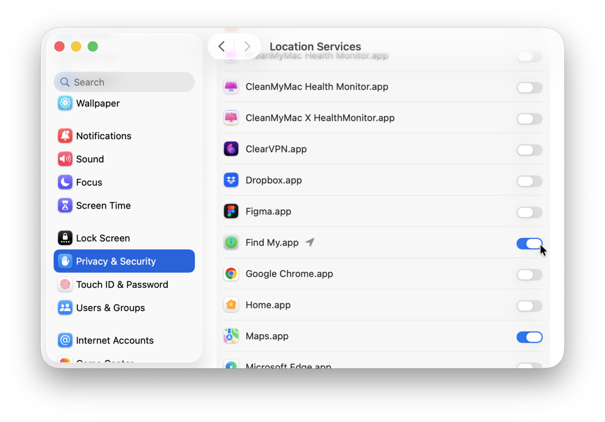 Location Services settings on Mac