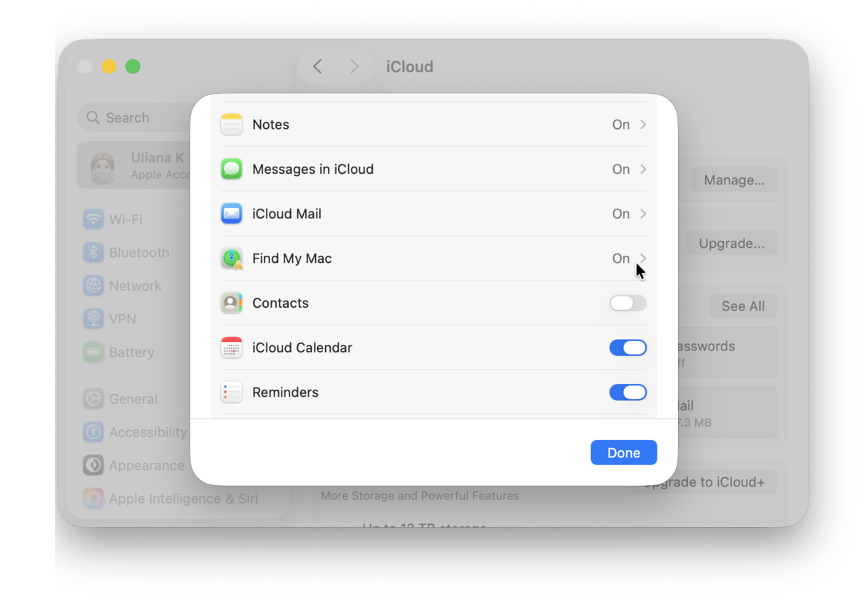 iCloud Settings on Mac