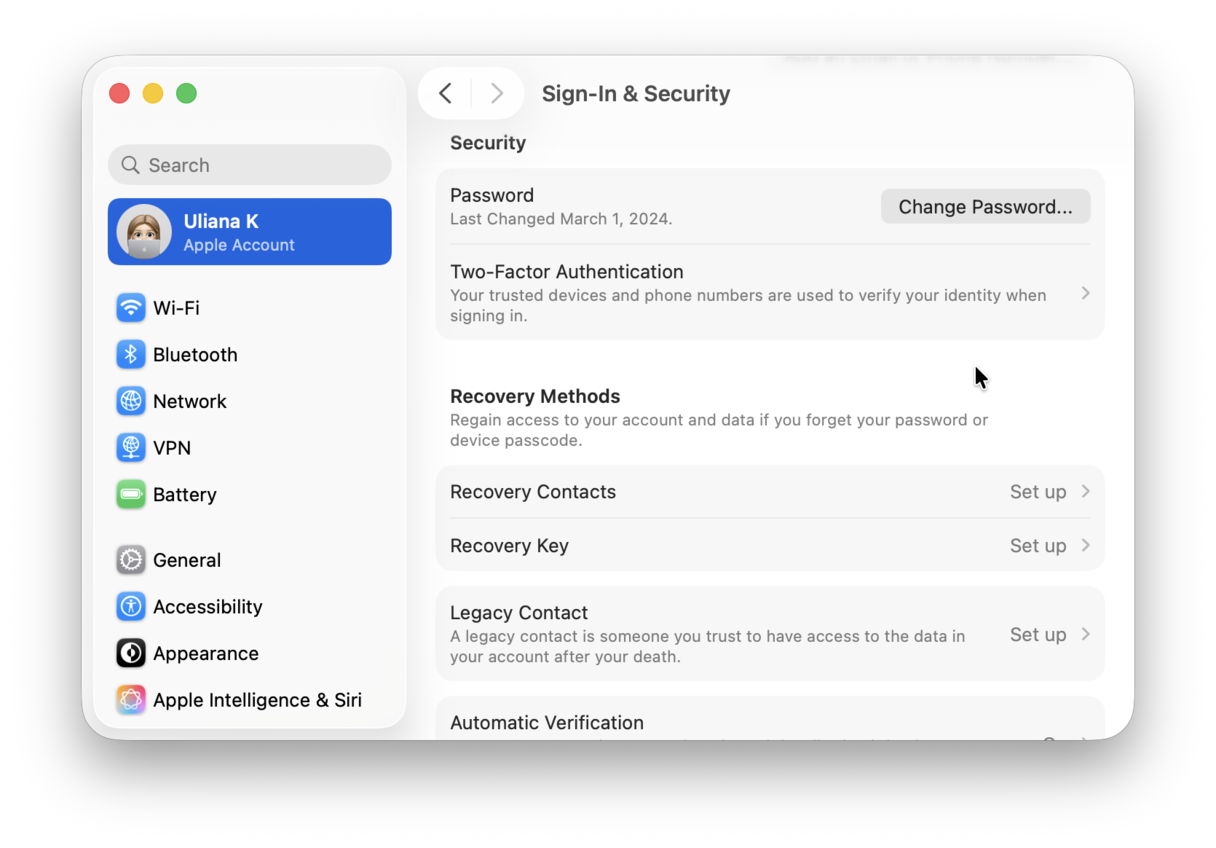 Sign-in and security settings