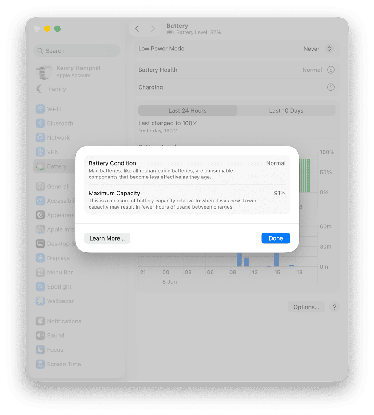 General health of Neo&rsquo;s battery in System Settings > Battery