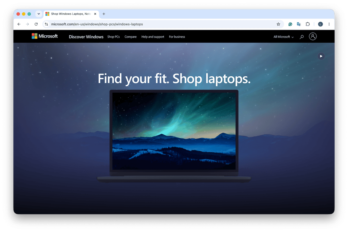 Microsoft Windows laptops shopping page on microsoft.com displaying a Surface laptop with a "Find your fit. Shop laptops." headline