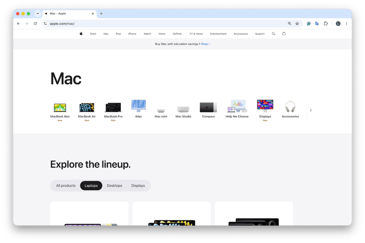 Apple Mac product lineup page on apple.com showing MacBook Neo, MacBook Air, MacBook Pro, iMac, Mac mini, and Mac Studio models available to browse