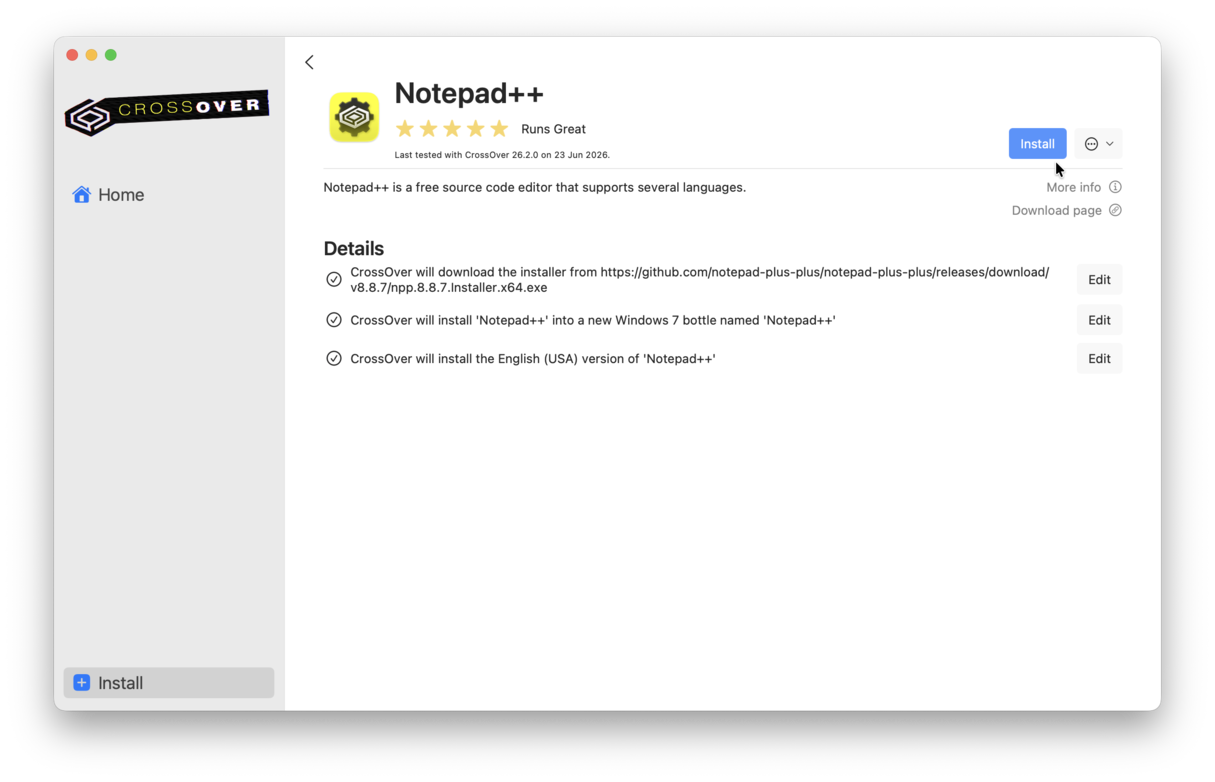 Download Notepad++ via Crossover
